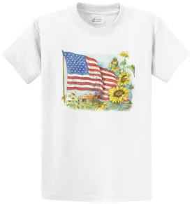 Flag And Sunflowers Printed Tee Shirt