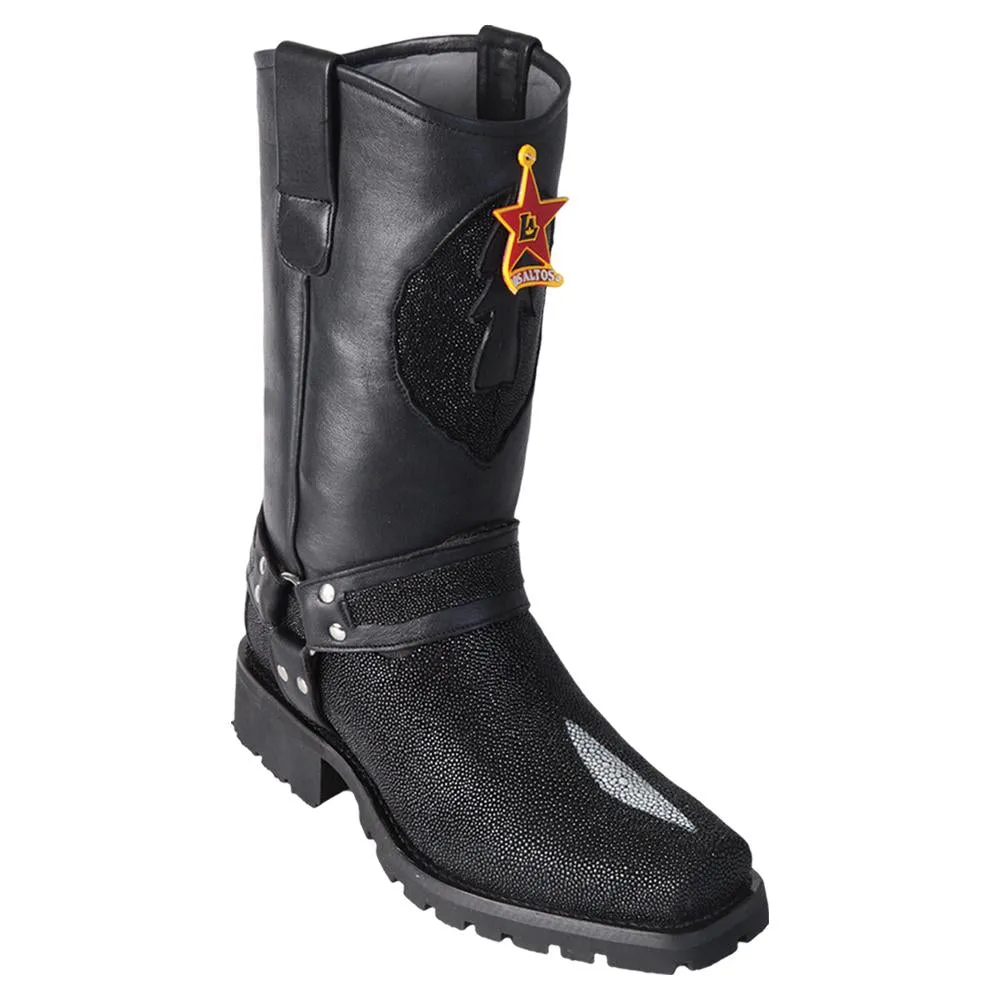 Los Altos Boots Mens #55T1205 Biker Boot | Genuine Single Stone Stingray Leather Boots | Color Black