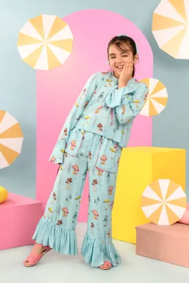 Magpie- Aqua Blue Printed Coord Set For Girls