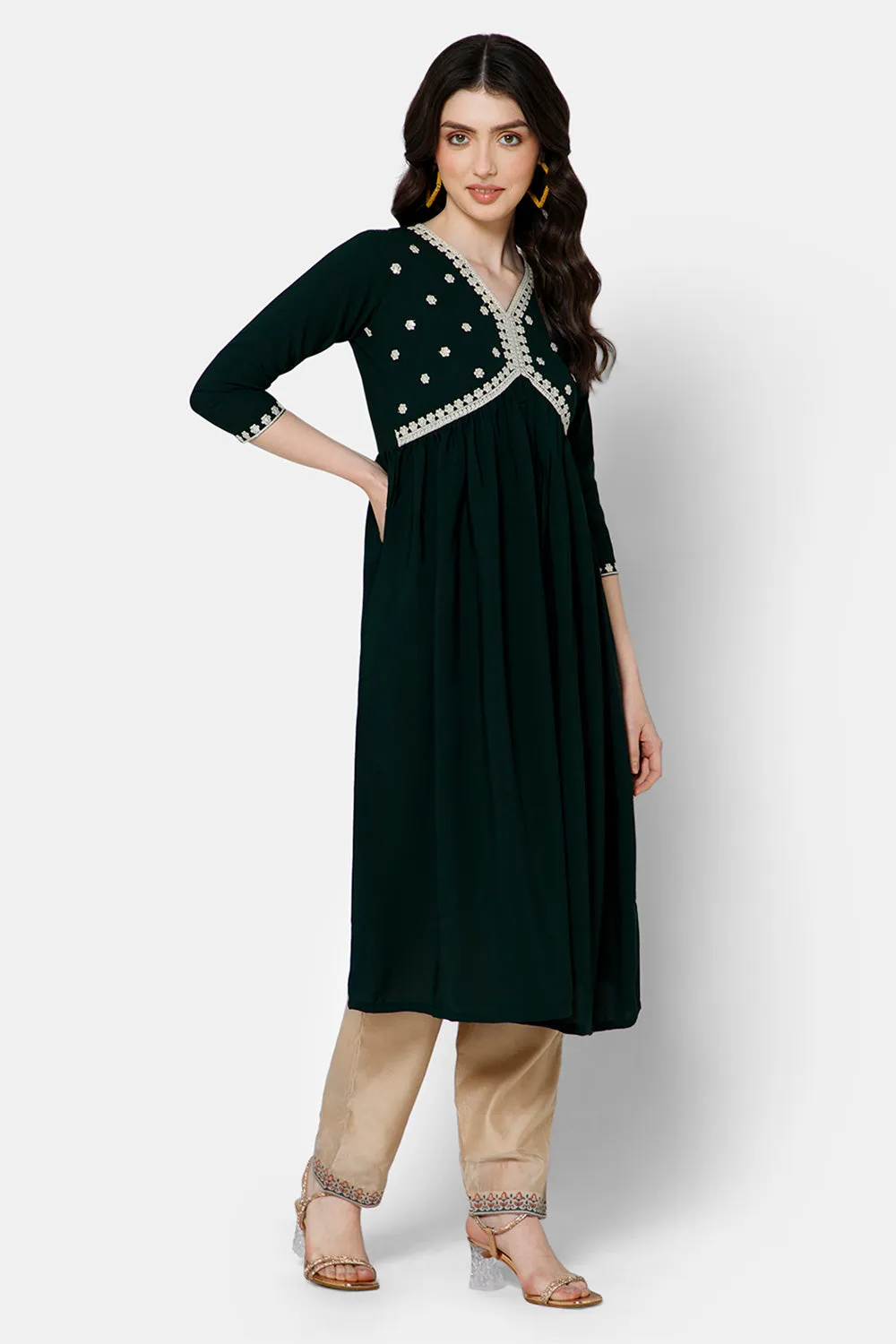 Mythri Women's Ethnic wear Kurthi with Elaborately Embroidered Neckline - Black - E068