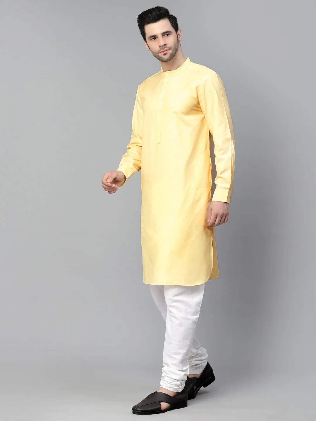 Style Quotient Mens Yellow Solid Kurtas