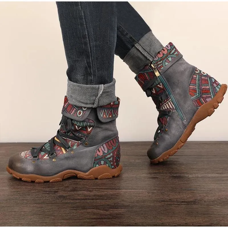 Women's ethnic floral print zipper lace-up boots retro ankle boots