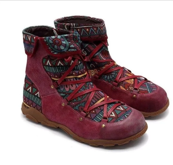 Women's ethnic floral print zipper lace-up boots retro ankle boots