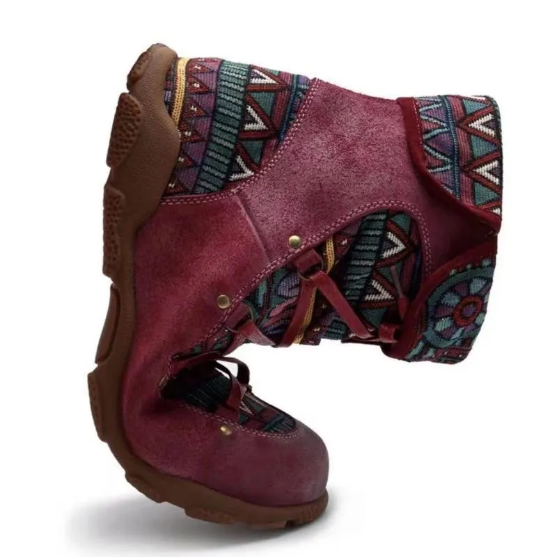 Women's ethnic floral print zipper lace-up boots retro ankle boots