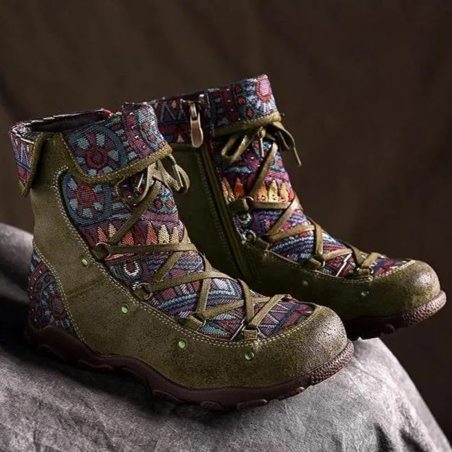 Women's ethnic floral print zipper lace-up boots retro ankle boots